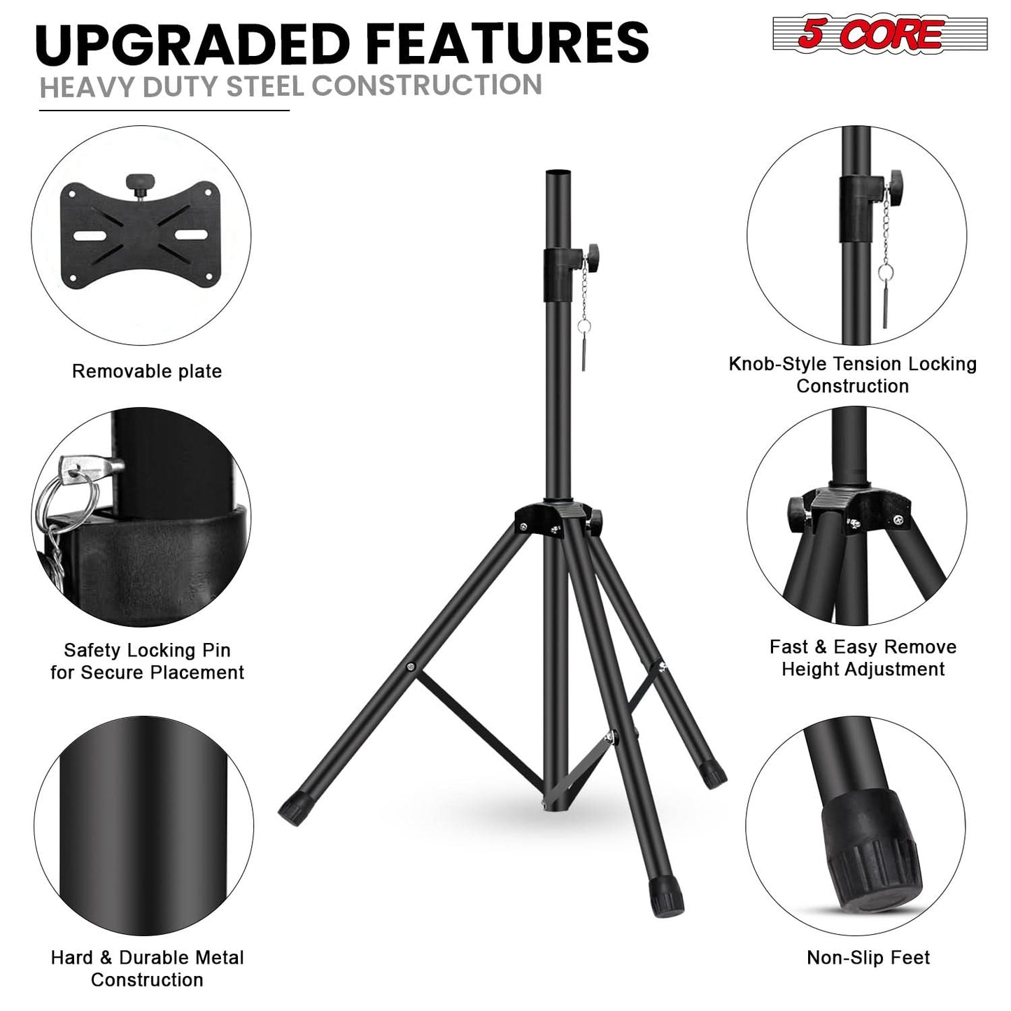 5Core Speaker Stand Tripod Floor Short Adjustable DJ Studio Monitor Stands Pole Mount BLACK