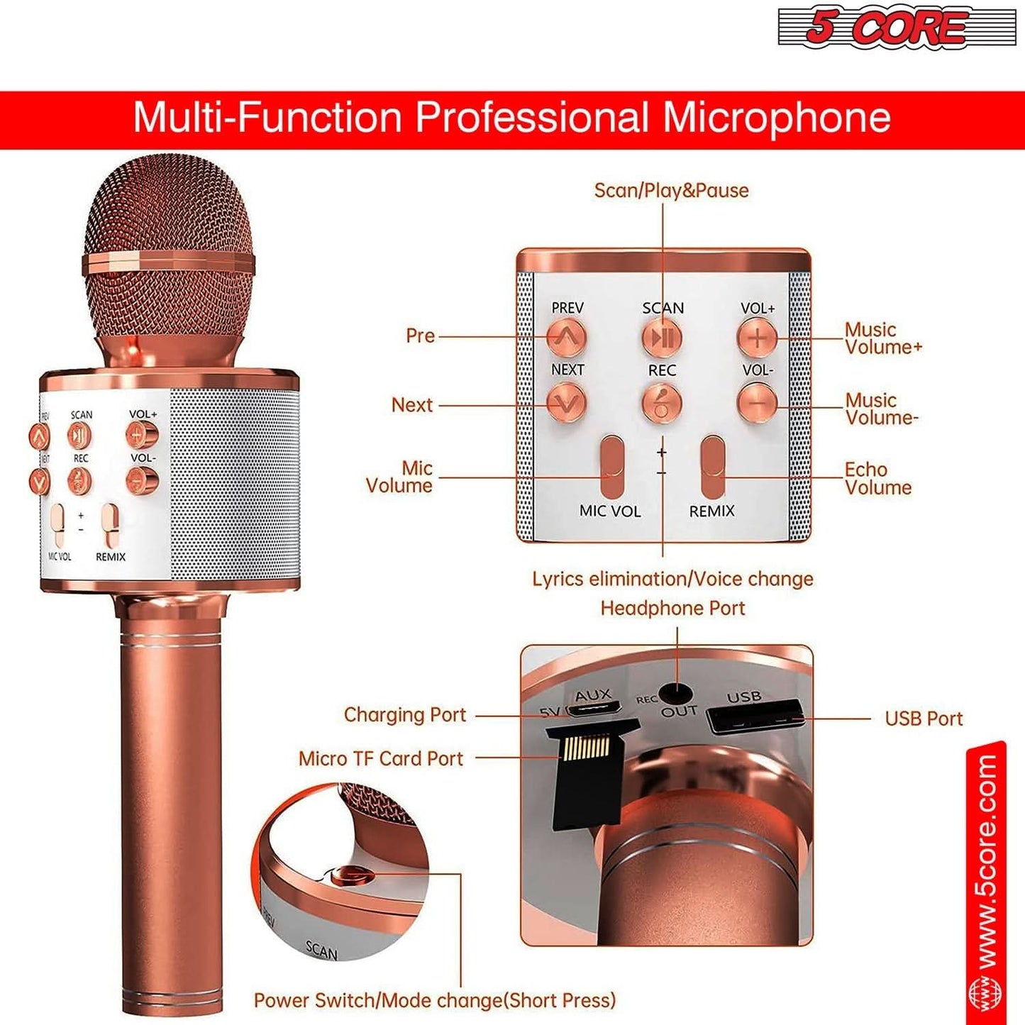5Core Wireless Karaoke Microphone Bluetooth Mic Portable Handheld Microfonos Inalambricos COPPER